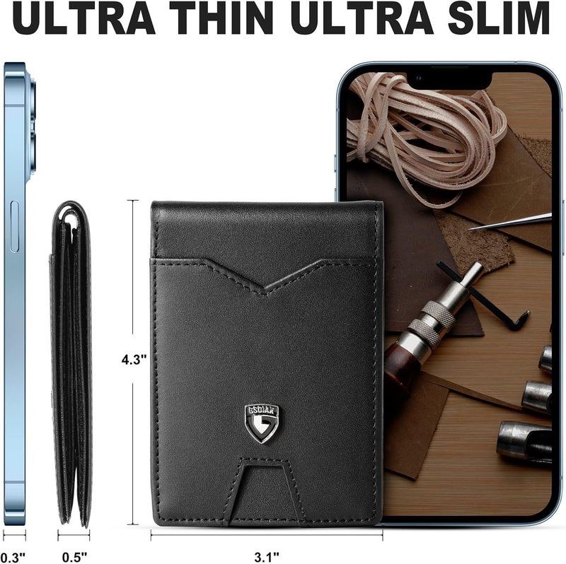 GSOIAX Mens Slim Wallet for Men Minimalist Genuine Leather Carbon Fiber Rfid Blocking Bifold Credit Card Holder With Gift Box (Black) - Image 5